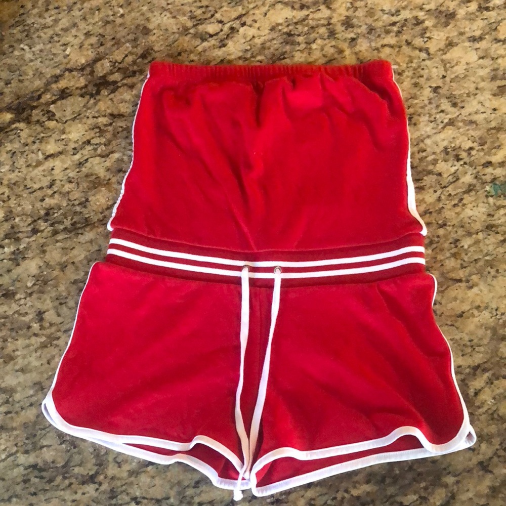 Red strapless romper
